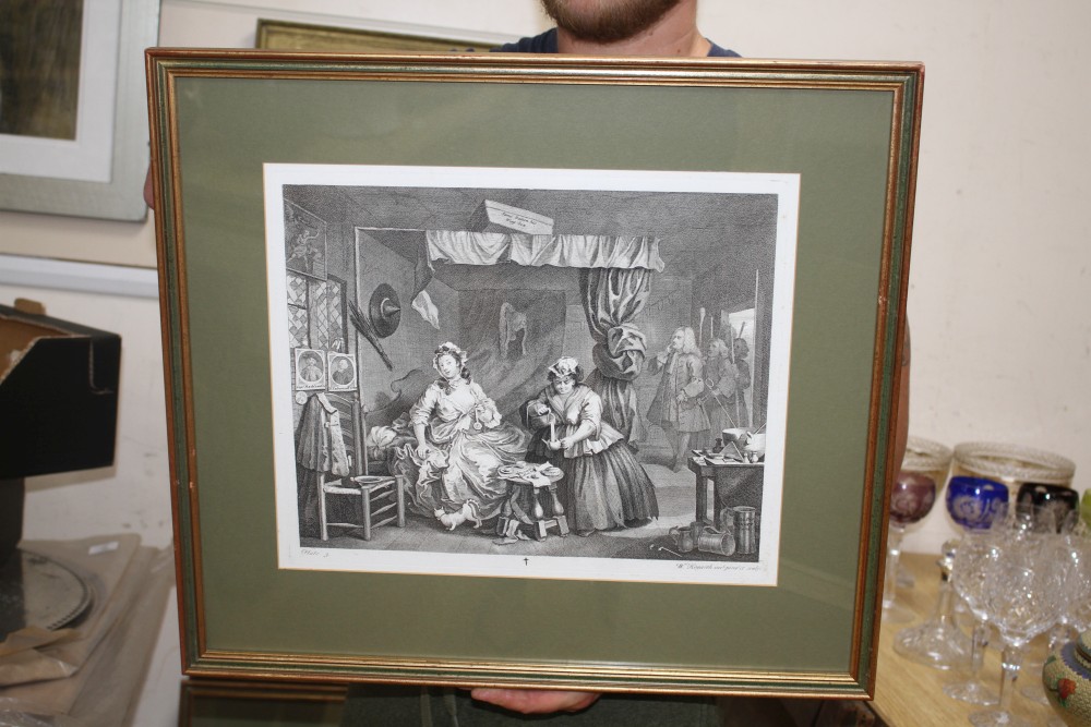 William Hogarth, set of six engravings, A Harlots Progress, 33 x 40cm